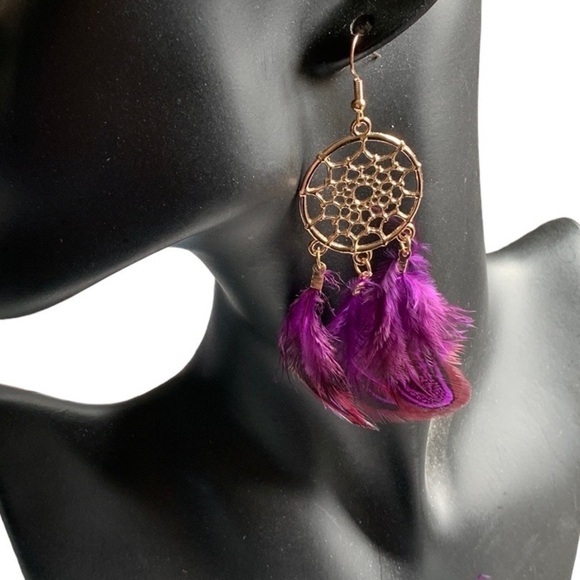 PURPLE Dreamcatcher Feather Tassel Sparkle Dangle Boho Pierced Earrings - Picture 1 of 3